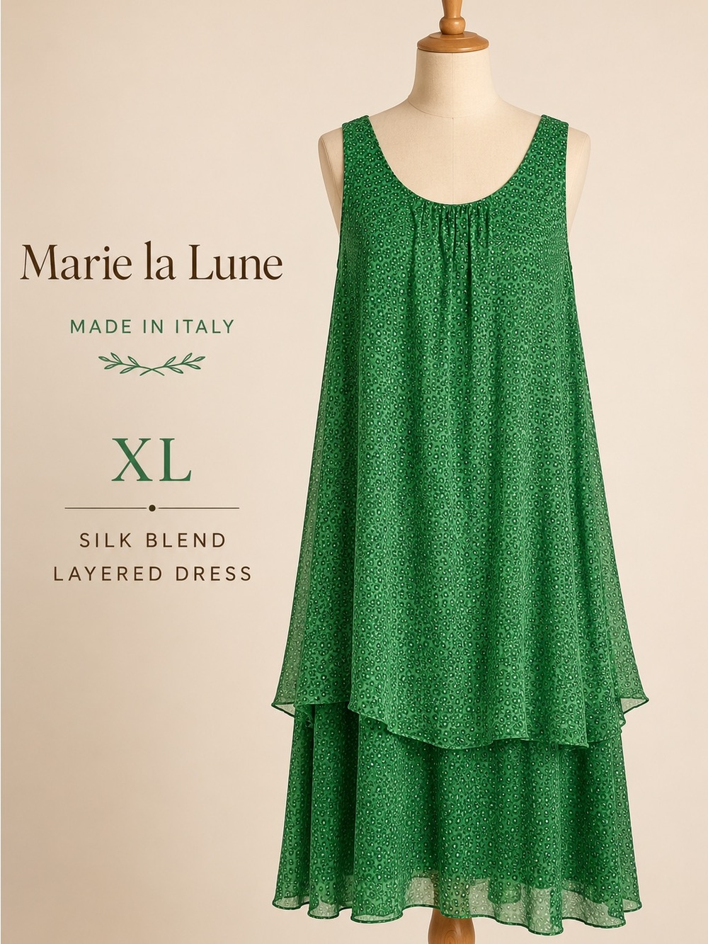 Marie la Lune XL Green Silk Blend Layered High-Low Dress Made in Italy